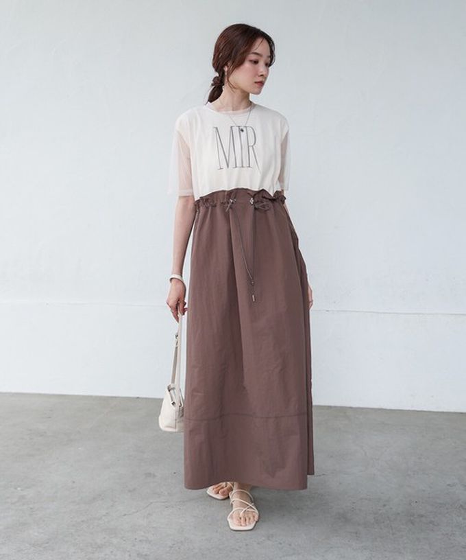 日本 Bab - 拼接層次感抽繩薄紗短袖洋裝-白x炭灰