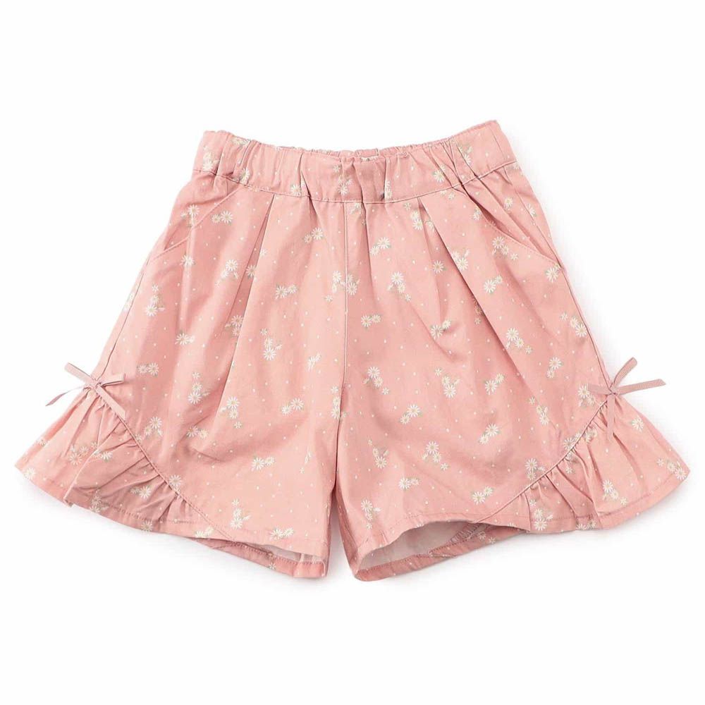 二側可愛蝴蝶結寬擺短褲-花朵-粉紅