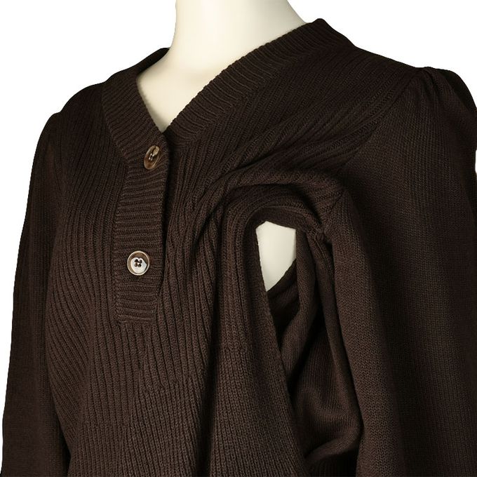 akachan honpo - 長袖亨利領針織洋裝-深咖啡