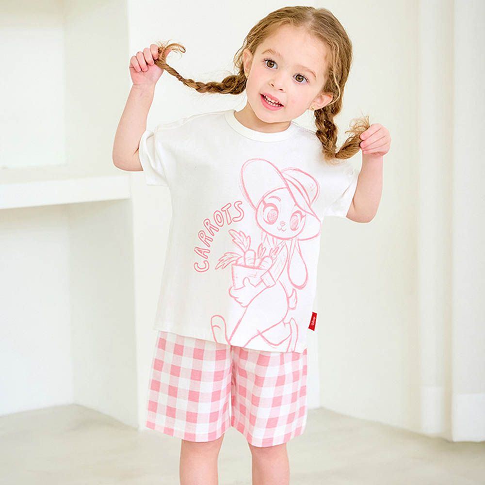 (聯名款)手繪風純棉格紋短袖套裝-卡通人物茱蒂-粉