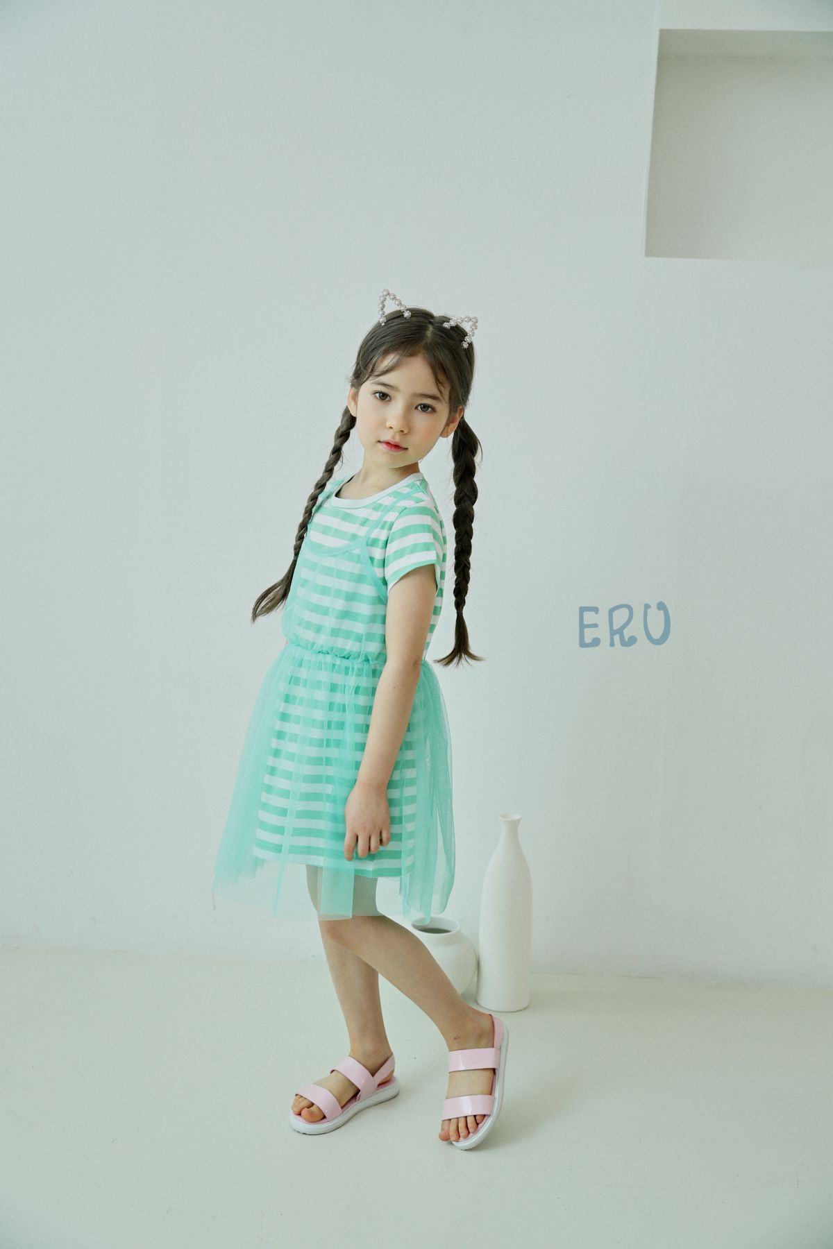 韓國 ERU - 假兩件條紋網紗洋裝-粉紅