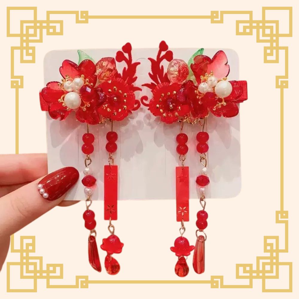 新年拜年梅花紅琉璃花珍珠點綴吊墜髮飾對夾