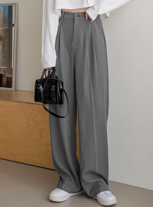 日本 GRL - 修身打褶西裝寬褲-簡約黑