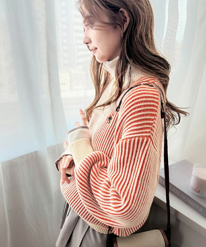 日本 Classical Elf - 刺繡logo 線條感針織長袖上衣-橘紅x米