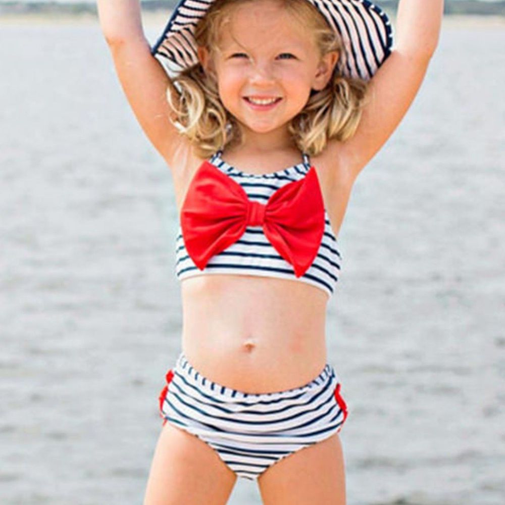 美國 RuffleButts - 小女童無袖比基尼泳裝-紅蝴蝶結條紋