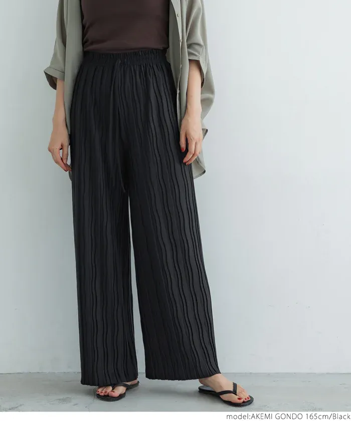 日本 COCA - [可剪裁] 百搭波浪紋垂墜寬褲-深灰