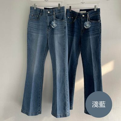 韓國女裝連線 - 彈性腰高級環紡丹寧提臀喇叭褲-淺藍