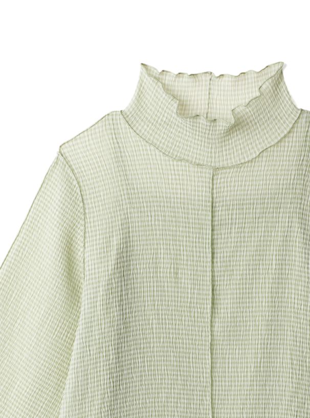 日本 GRL - 木耳領透膚長袖上衣(附內裡)-細格紋-時尚黑