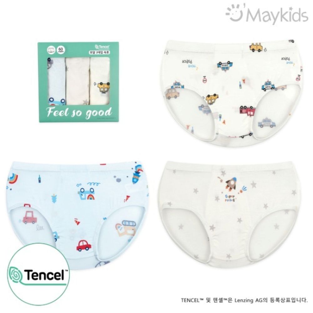 (3入組)男寶天絲莫代爾透氣三角褲-繽紛車車X星星火箭-米白X淺藍