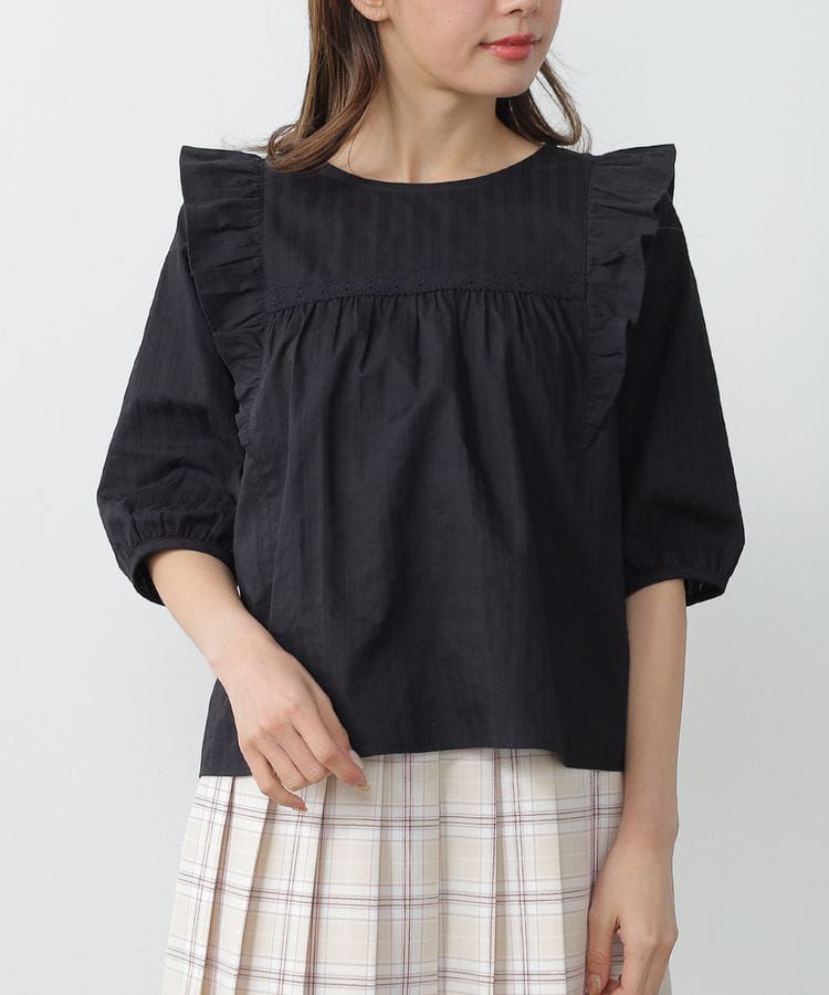 日本 Honeys - 純棉浪漫荷葉飛飛袖七分袖上衣-黃綠