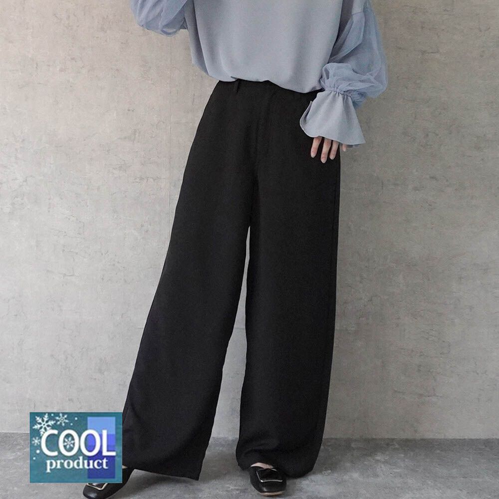 接觸涼感 腳長效果抗皺休閒寬褲-黑