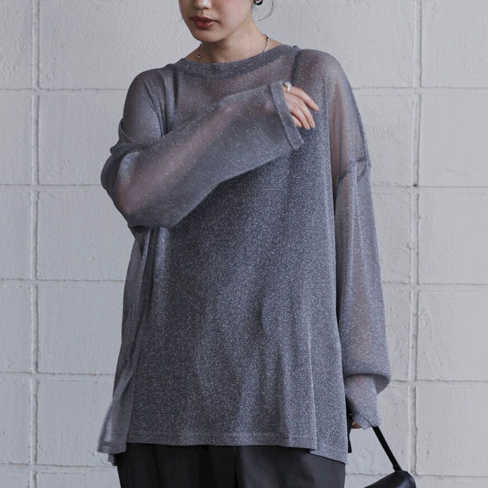 光澤閃耀透膚寬版長袖上衣-深灰