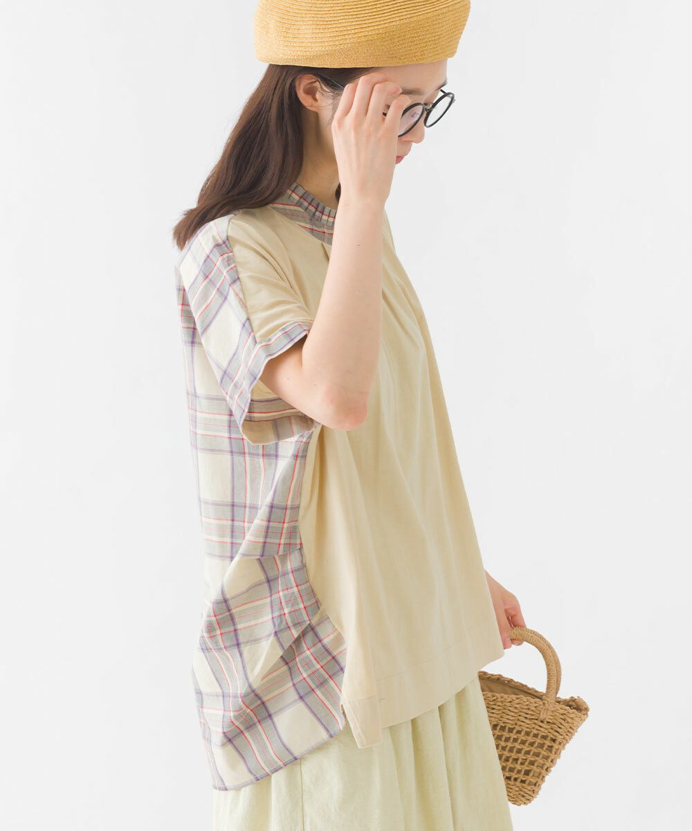 日本女裝代購 - 100%印度棉格紋拼接短袖上衣-深藍