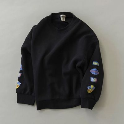 日本 BRANSHES - 街頭塗鴉風裏起毛長袖上衣-袖徽章-黑