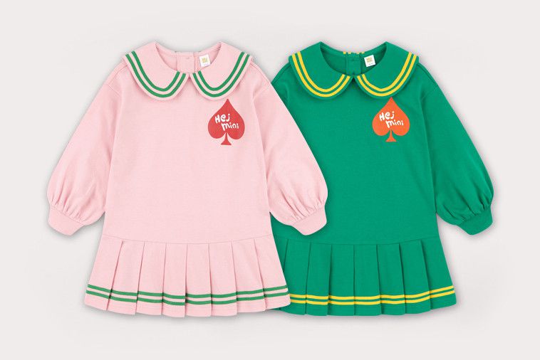 韓國 HEJMINI - 黑桃學院風百摺洋裝-綠