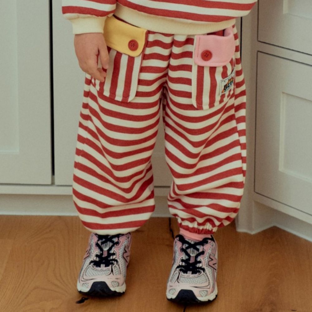 First Blue 鬆緊腰拼色口袋條紋縮口長褲-紅