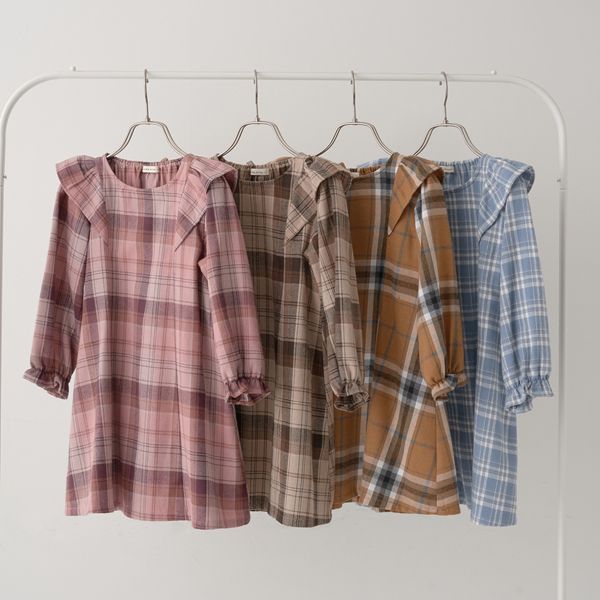 日本 Lycee mine - 法蘭絨浪漫細節長袖洋裝-卡其格紋