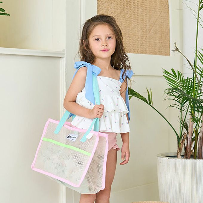 日本 Lycee mine - 粉嫩配色網格玩水包/游泳包-黃x粉紅 (26.5x35x20.5cm)