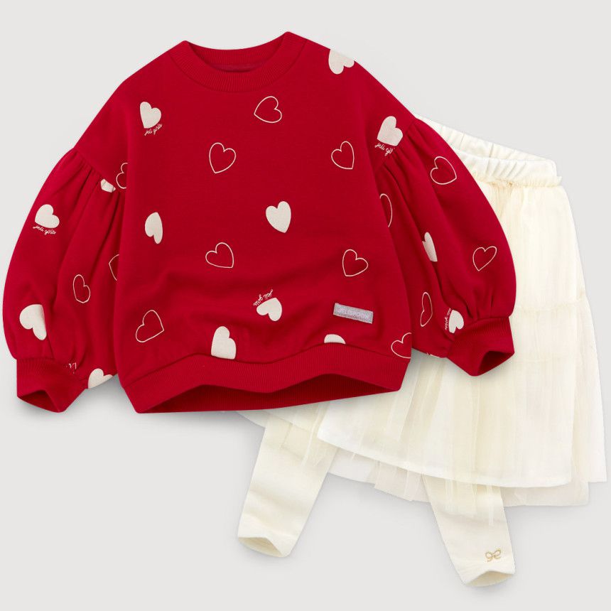 韓國 Jelispoon - (內刷毛)愛心泡泡袖紗裙套裝-紅