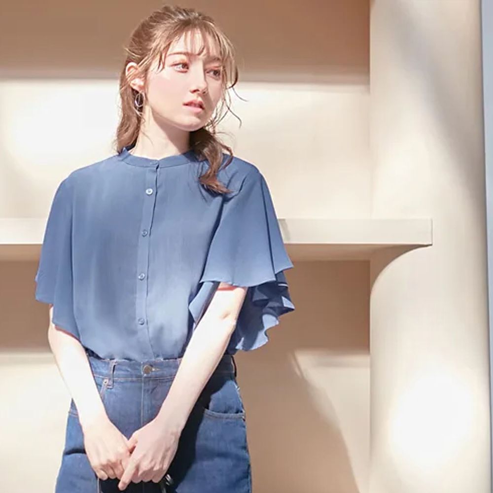 日本 BELLUNA - 浪漫大荷葉袖楊柳雪紡短袖襯衫-灰藍