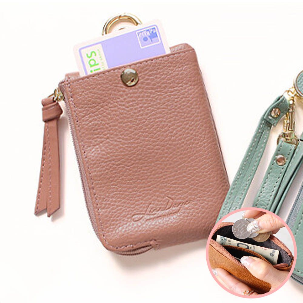 小巧真皮伸縮卡夾/零錢鑰匙包-鮭魚粉 (11.5x8cm)