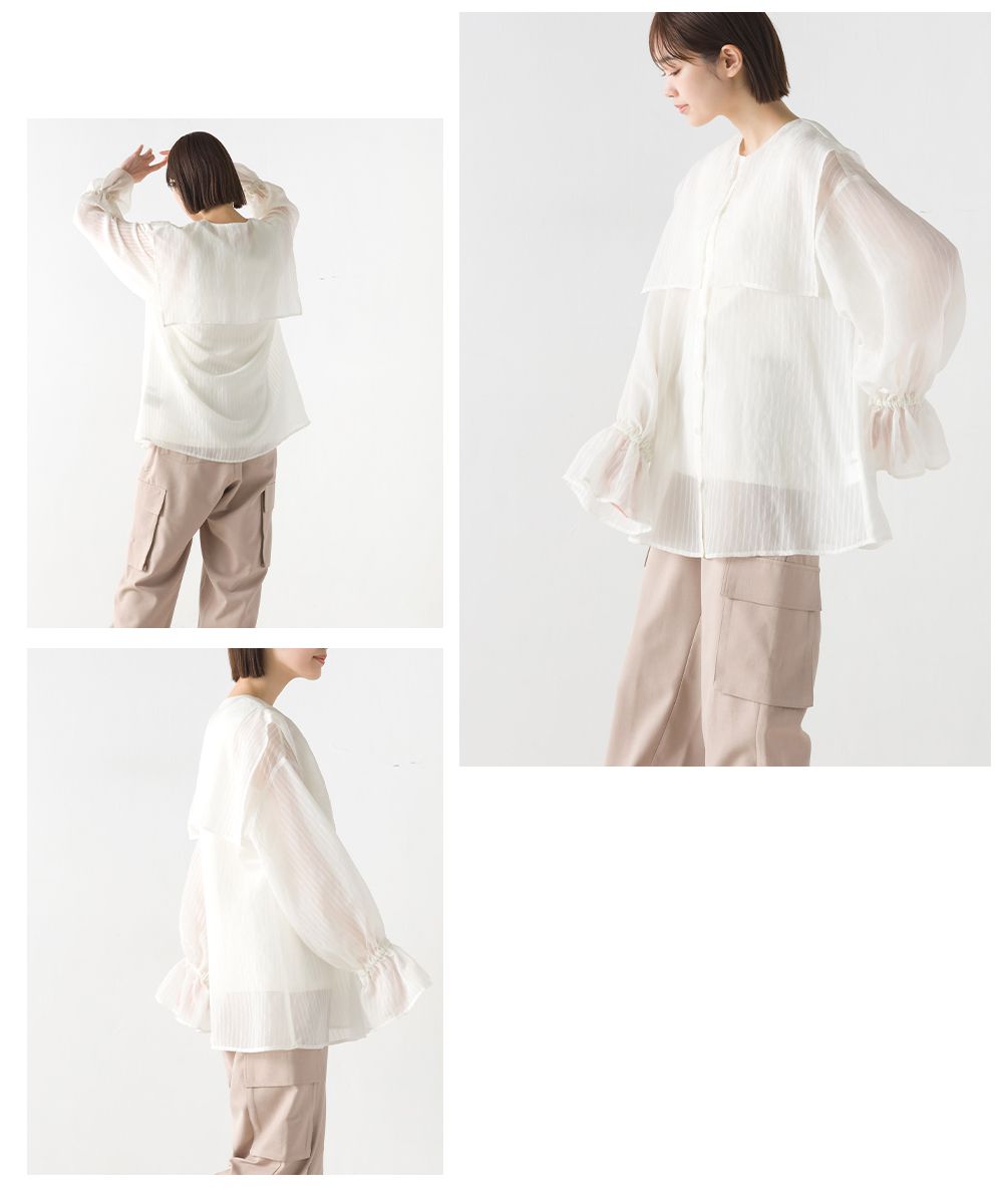 日本 OMNES - 空氣感翻領透膚糖果袖襯衫-暖陽橘