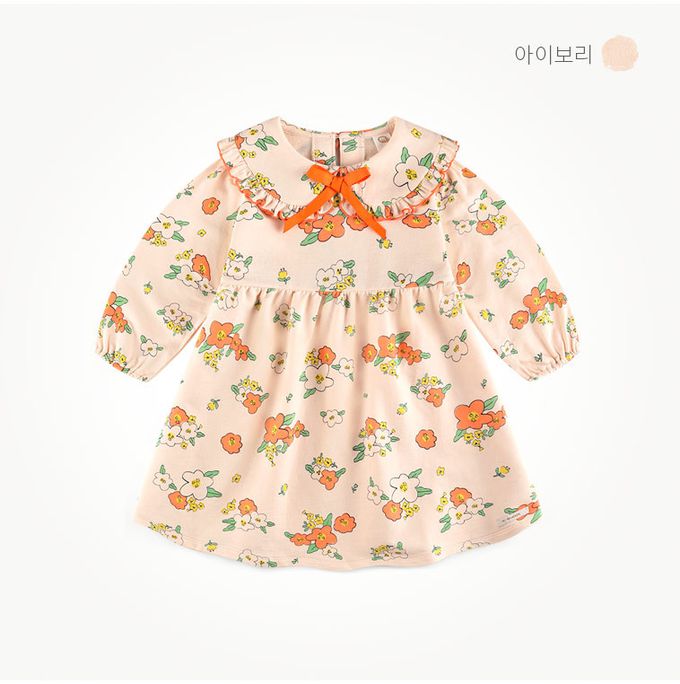 韓國 milk mile - 多彩圓花表情印網紗拼接洋裝