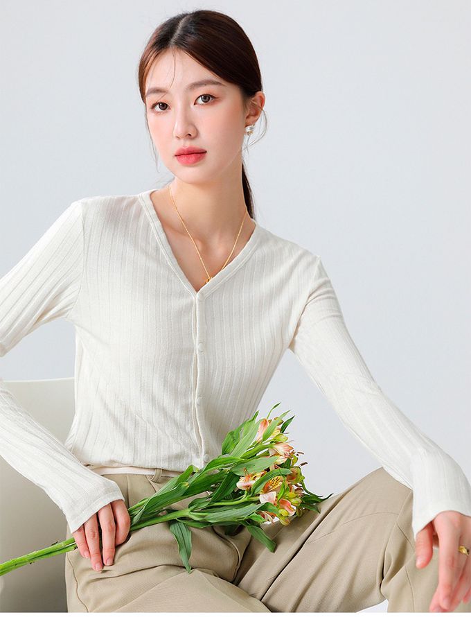 V領坑條紋針織開衫外套/上衣-粉色