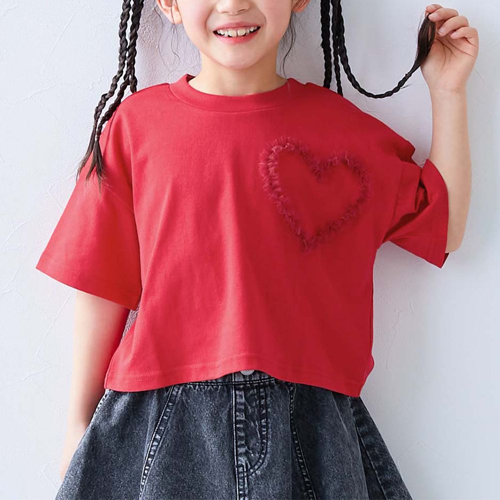 俏麗薄紗點綴短袖上衣-愛心-紅