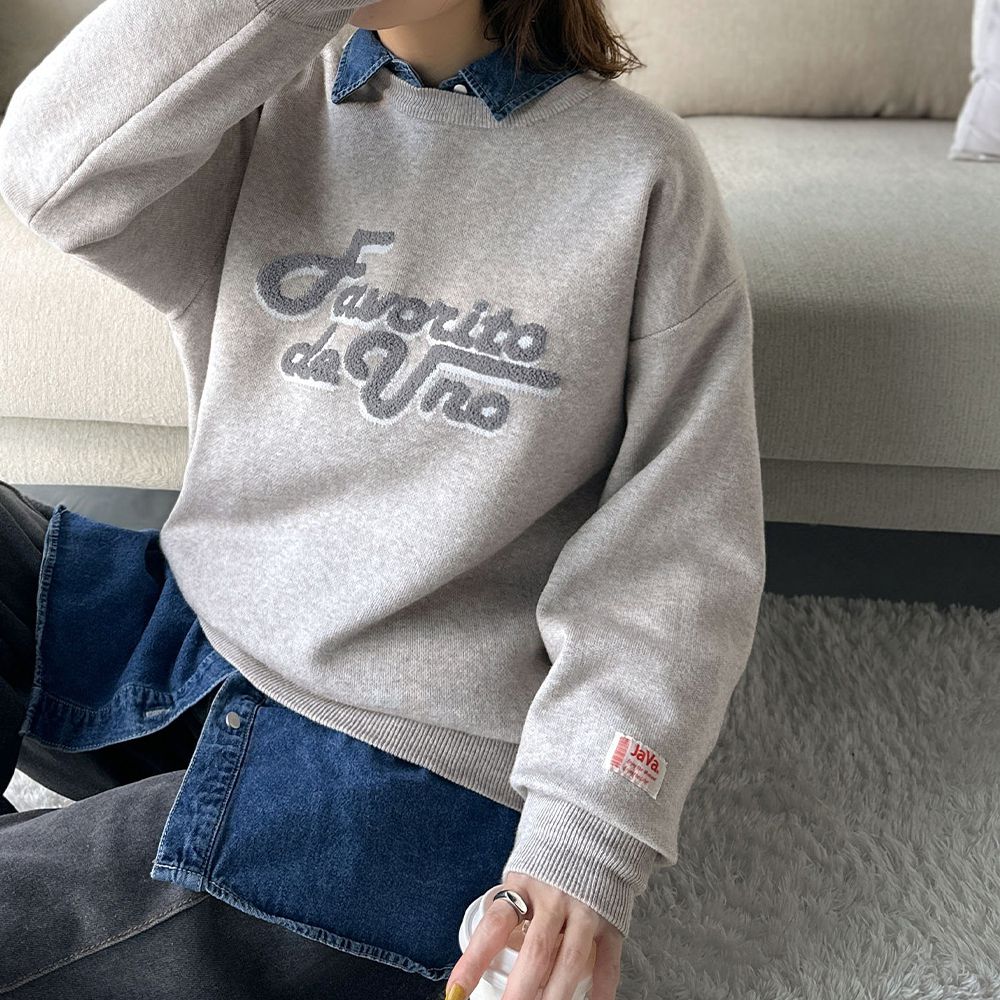 Java 都會感相良刺繡針織上衣-淺灰