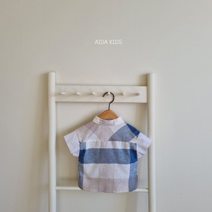 韓國 AIDA - 休閒風格子短袖翻領襯衫-藍X米