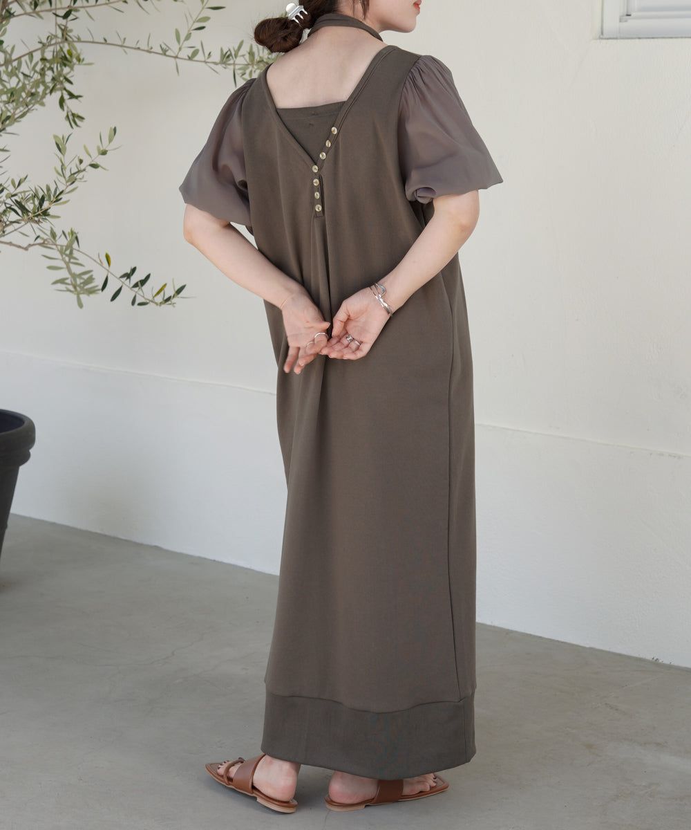 日本 Bab - 優雅綁帶V領泡泡袖洋裝-淺摩卡