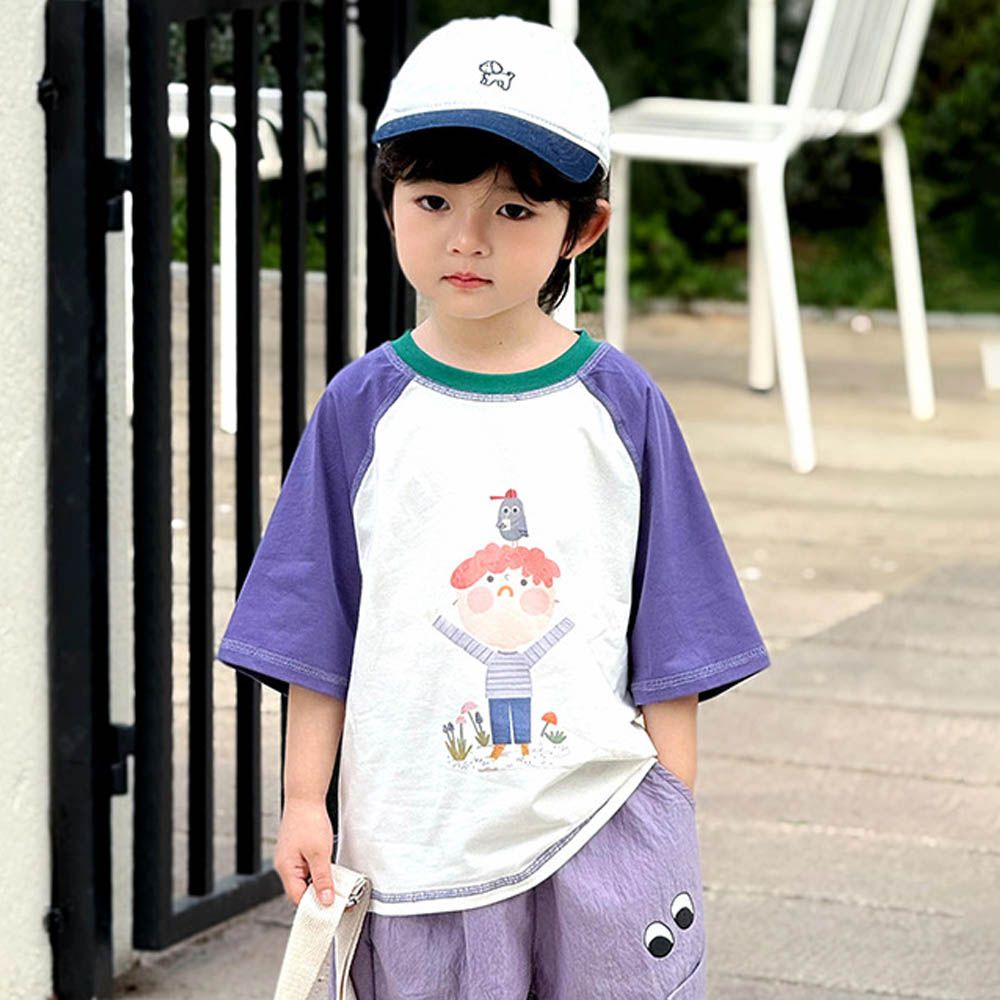 涼感吸濕透氣圓領短袖上衣-生氣小孩-拼色紫