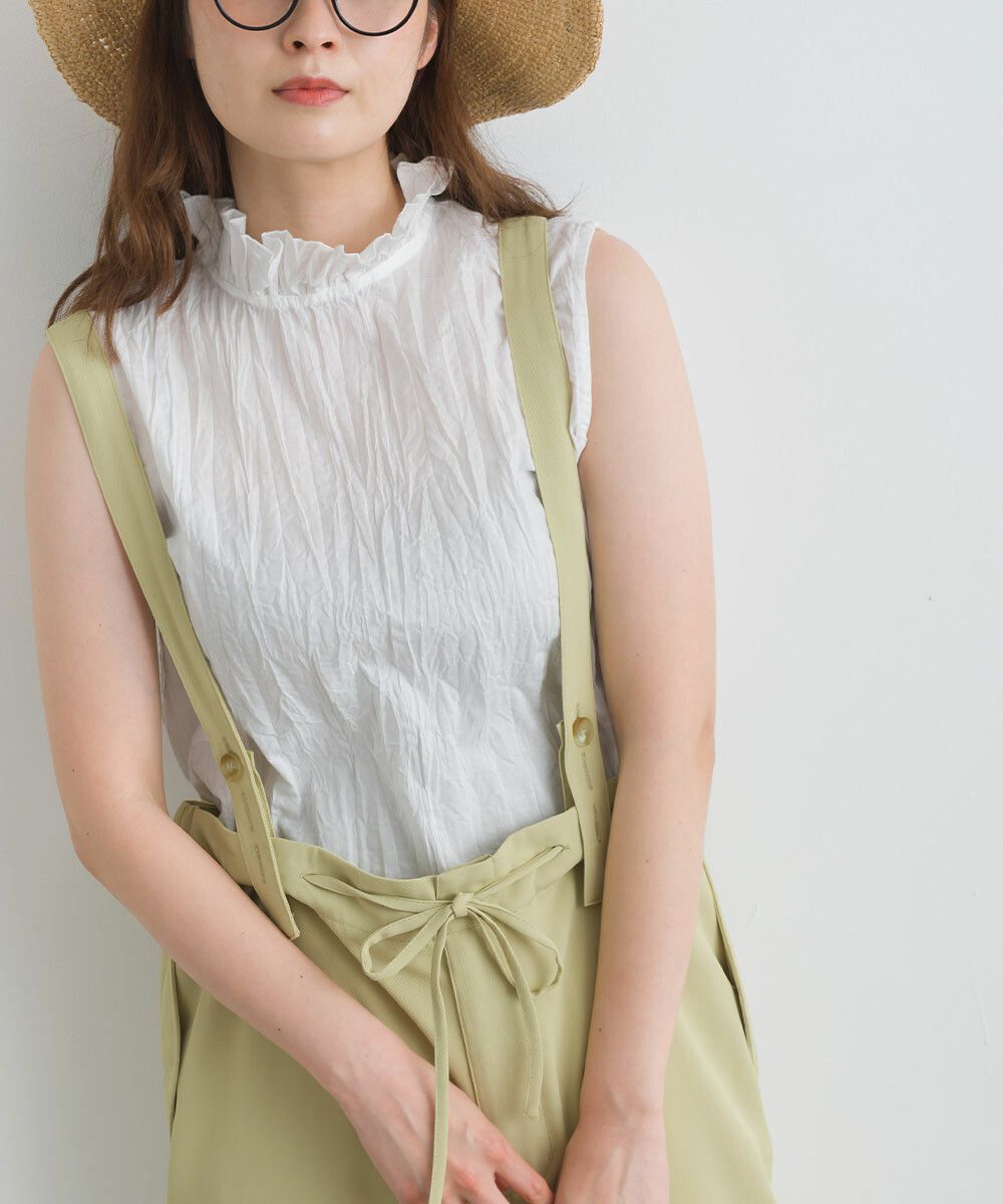 日本女裝代購 - 木耳領楊柳感無袖上衣-直條紋-深灰藍