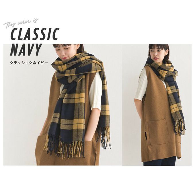 日本 OMNES - 羊毛混紡經典格紋圍巾披肩-K(卡其x白)