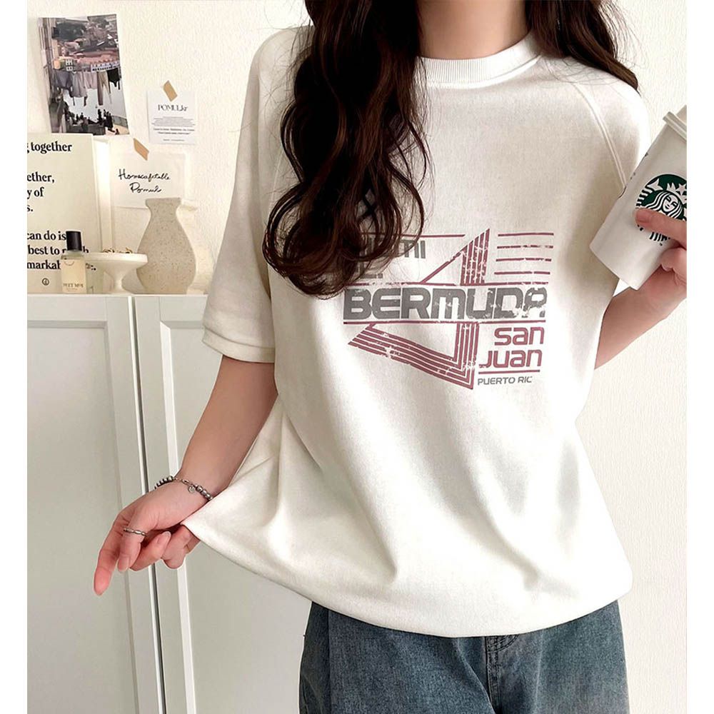 前後2way復古標語印花五分袖上衣-白