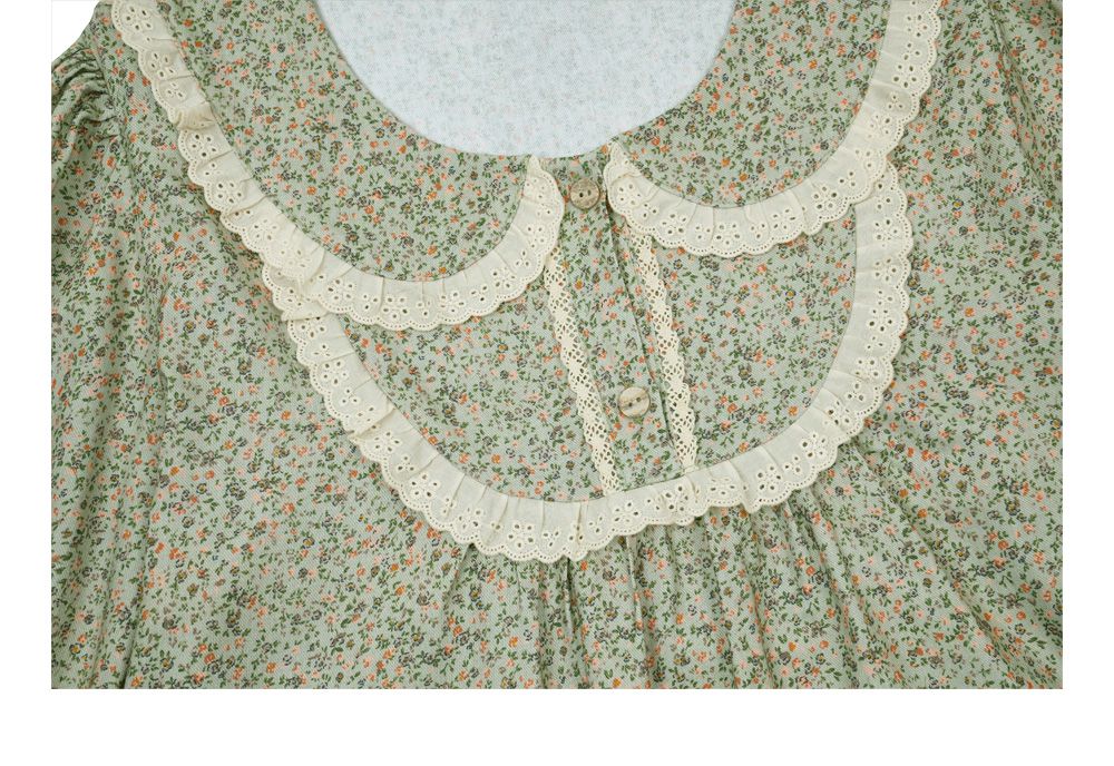 韓國 ULLALA - 浪漫碎花純棉長袖睡衣-(洋裝式)-薄荷綠 (FREE)