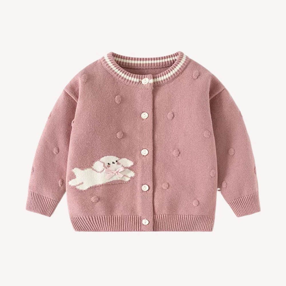 舒適圓領針織排釦外套-蝴蝶結小狗-粉紫