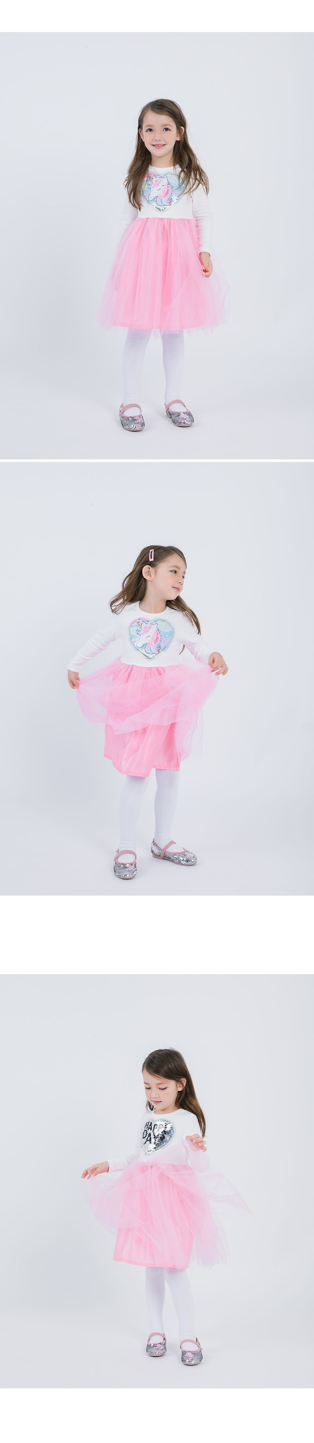 韓國 OZKIZ - 亮片獨角獸網紗長袖拼接洋裝