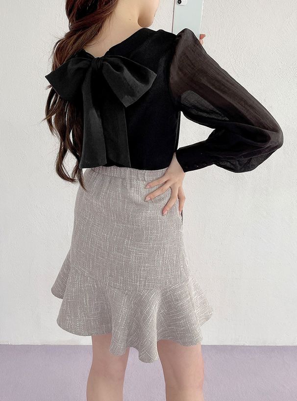 日本 GRL - 2WAY光澤蝴蝶結薄紗拼接上衣-淺灰藍