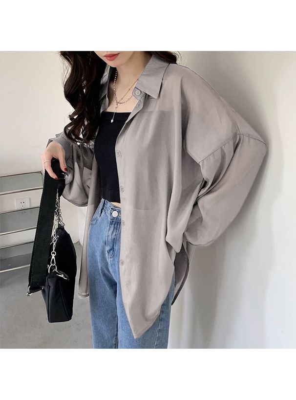 日本 GRL - 透明感氣球袖襯衫/罩衫-淺粉 (M)