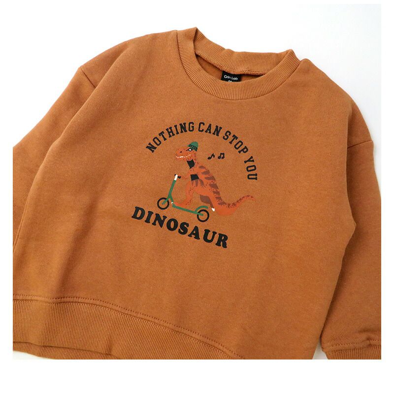 日本 ZOOLAND - 印花圓領保暖長袖上衣-恐龍騎車爆米花-開心果綠