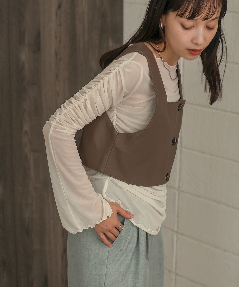 日本 Bab - 時尚透感抓皺長袖內搭/上衣-深可可