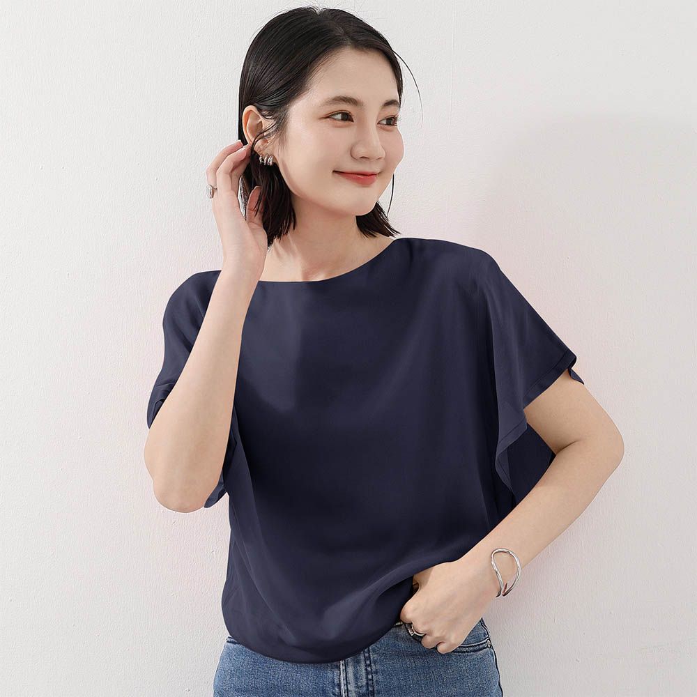 氣質雪紡透膚荷葉袖上衣-藏青