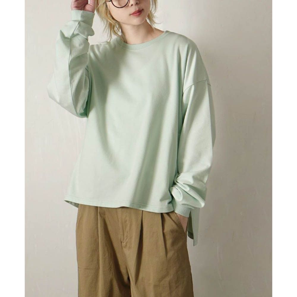 精緻比例休閒羅紋袖素色上衣-薄荷藍