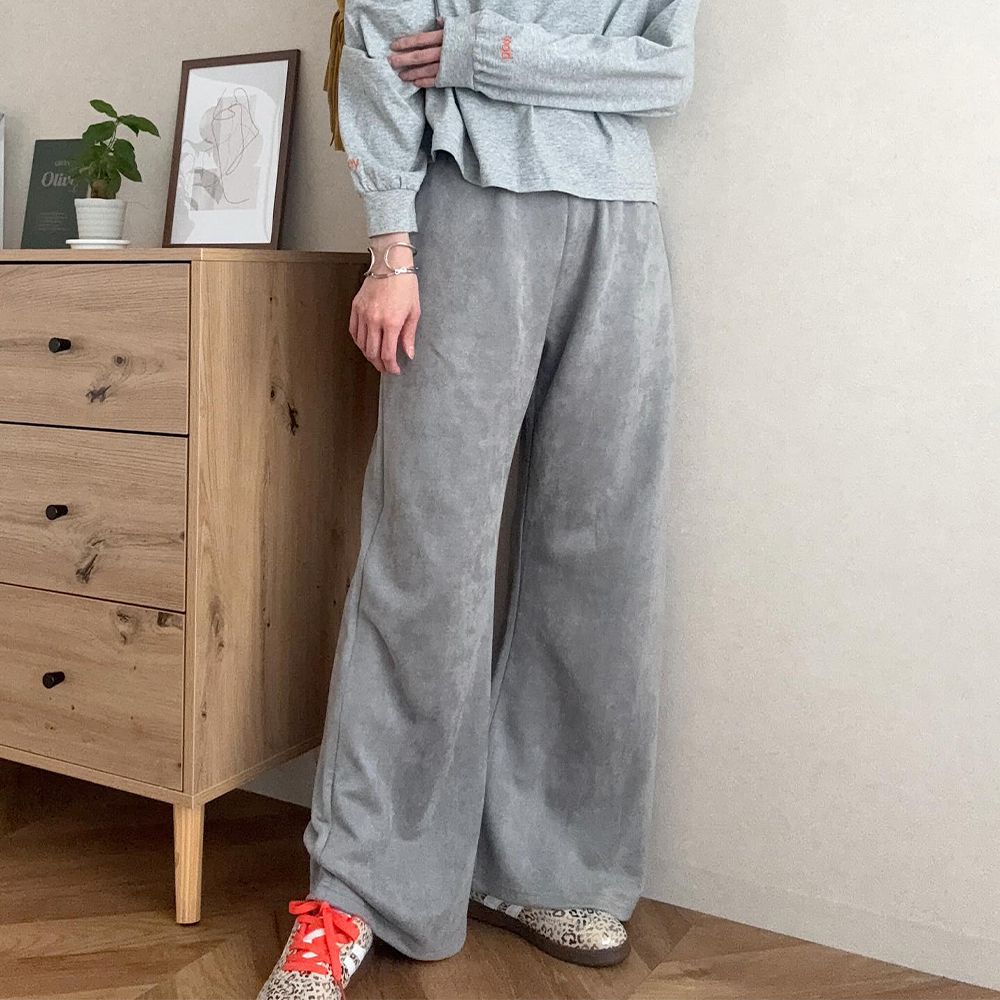 錯覺美腳 時尚麂皮絨修身寬褲-(可選長度)-灰