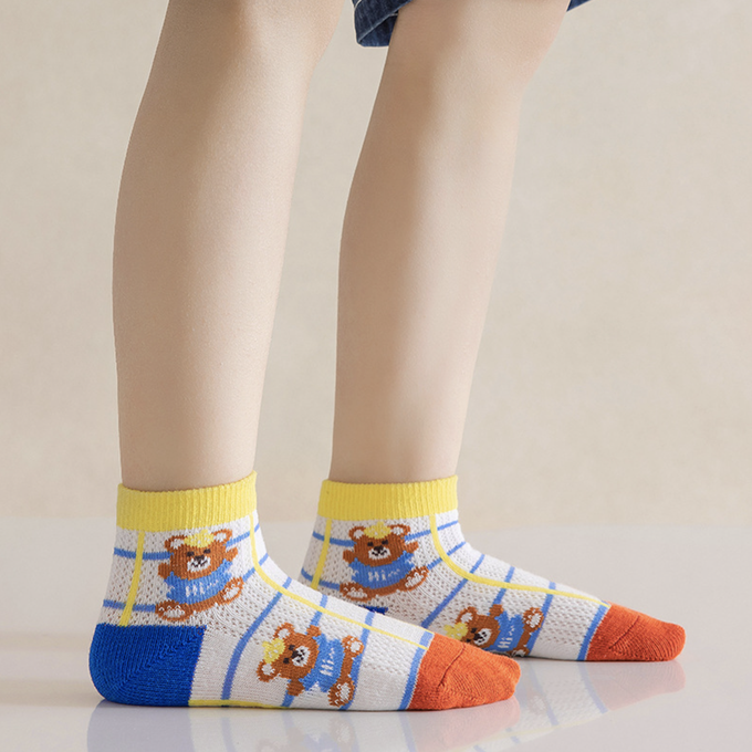 love, charlotte - 小熊字母點膠室內防滑網眼短筒棉襪-5 雙一組