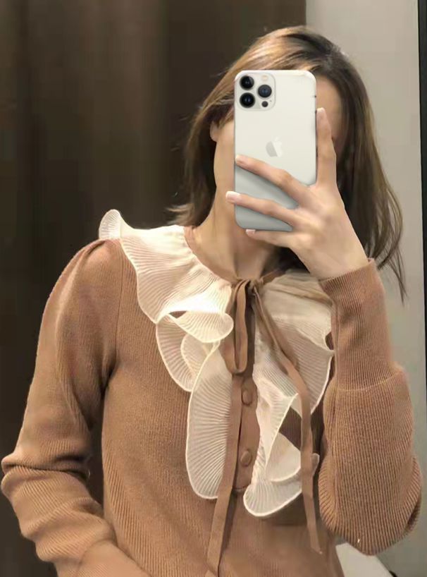 日本 GRL - 華麗貝殼紋荷葉拼接針織上衣-咖啡