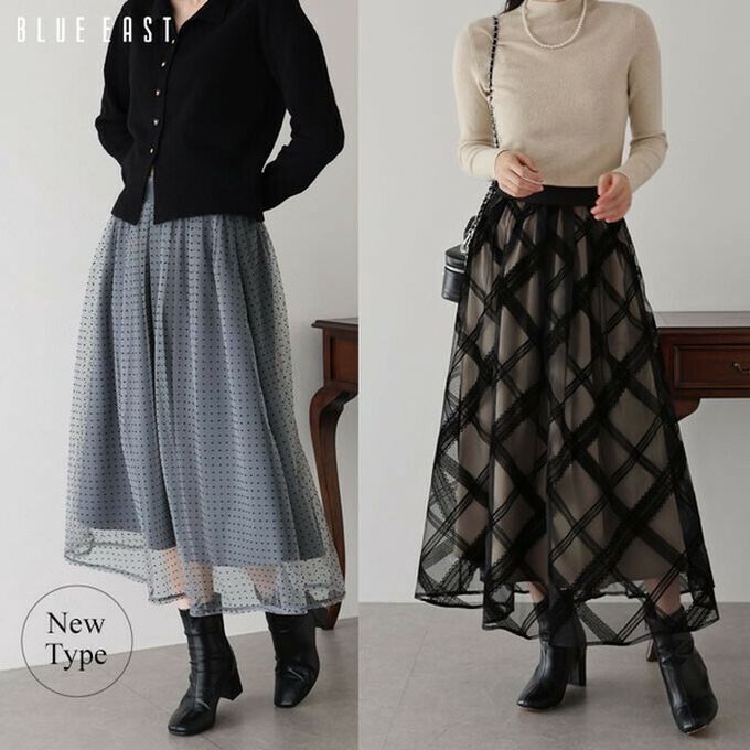 日本 BLUE EAST - 華麗雙層薄紗魅力長裙(可選長度)-格紋-海軍藍