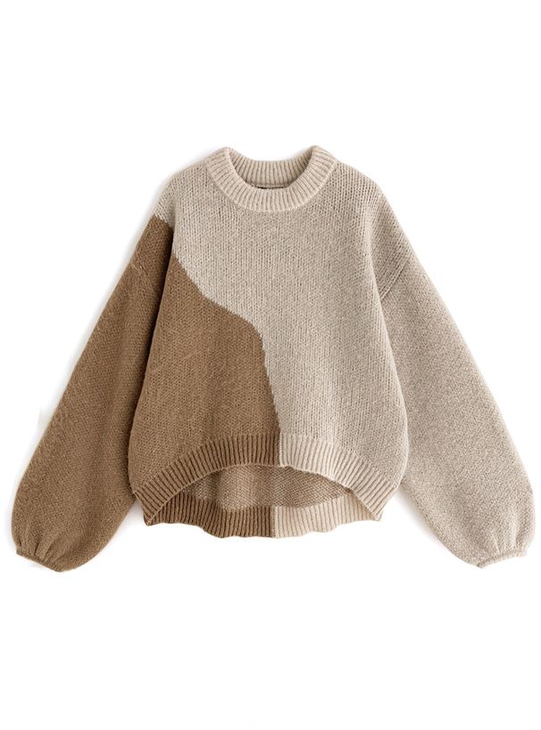 日本 GRL - 圓領不規則撞色落肩毛衣-深灰 (F)